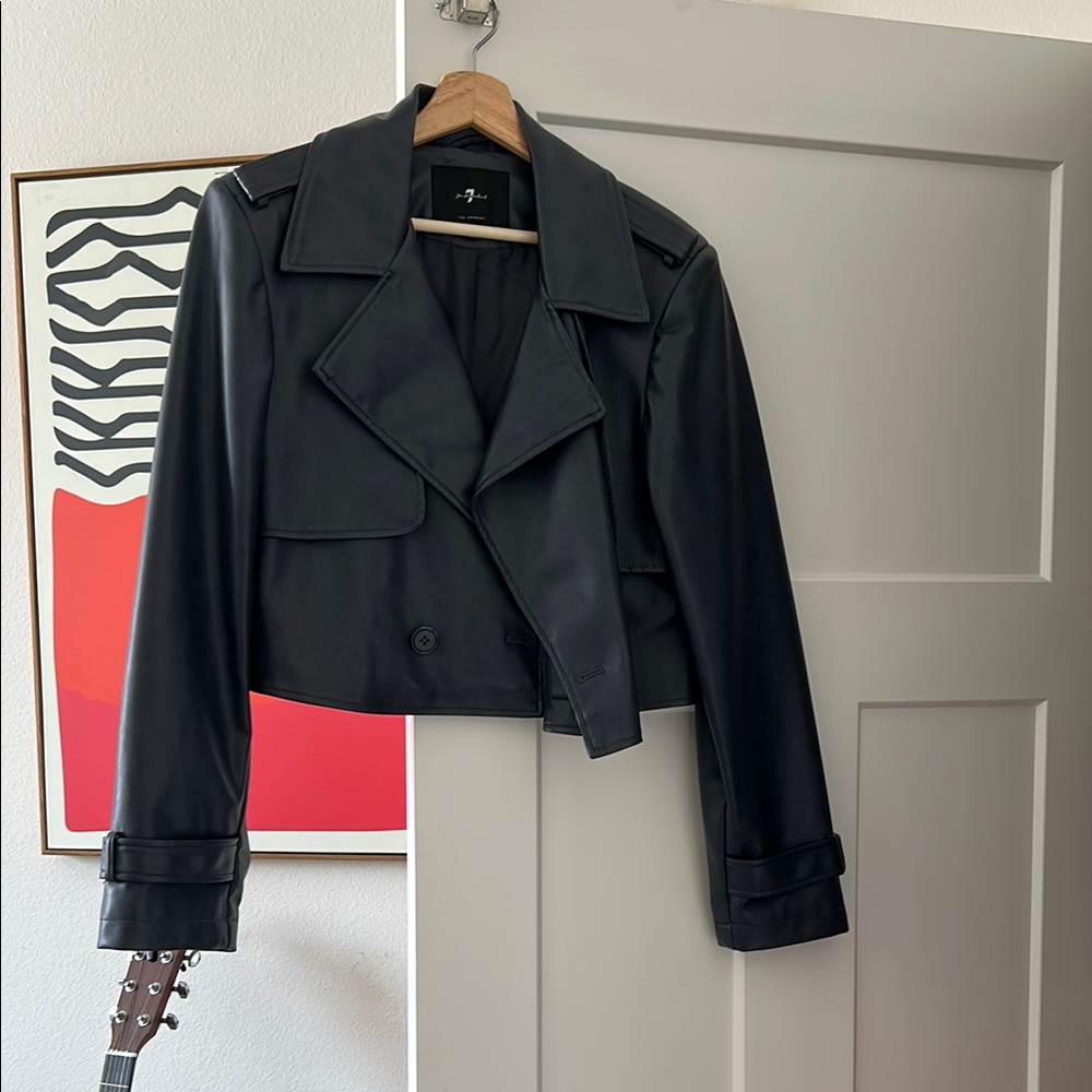 7 for all mankind dark navy Women's Cropped leather Jacket
